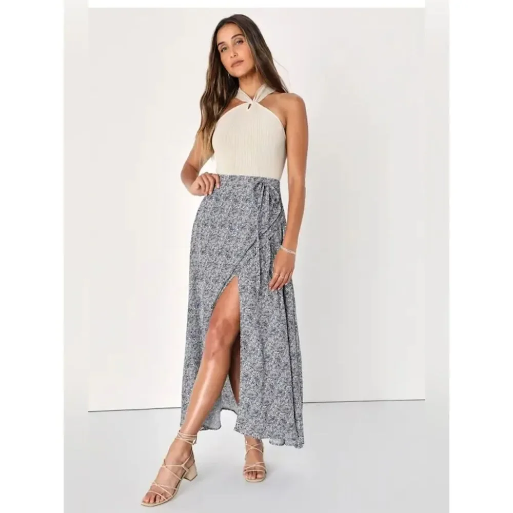 Lulus Beautiful Tempest Navy Blue Print Wrap Maxi Skirt